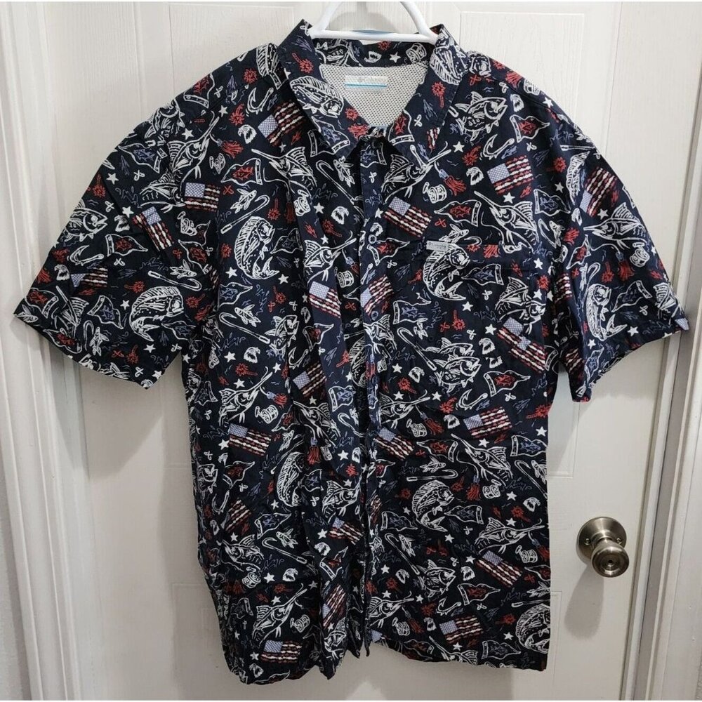 Columbia PFG USA America Fishing Print Vented Short Sleeve Button Shirt Size L
